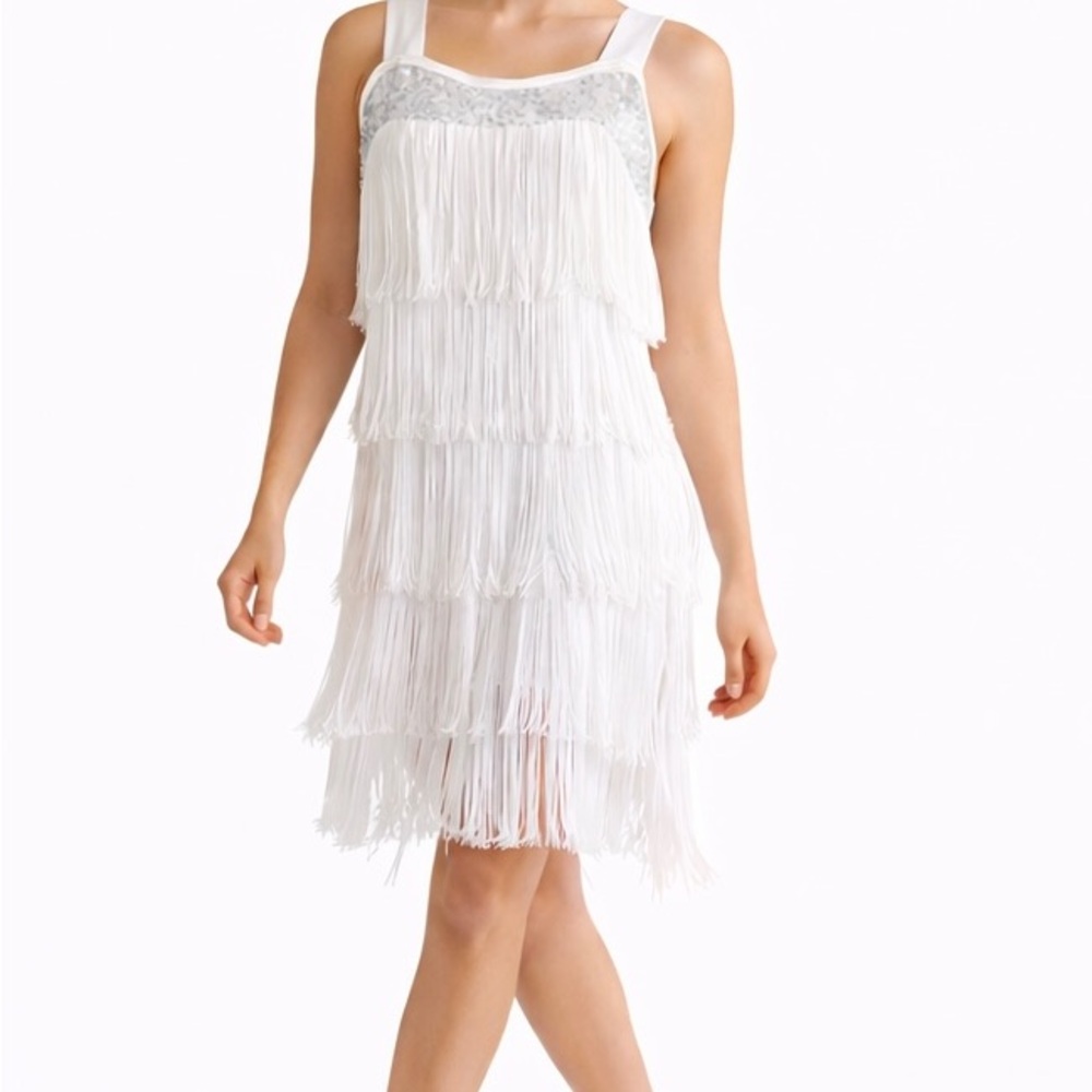 Weissman Silver and White Fringe Dance Dress with Sequin Bodice